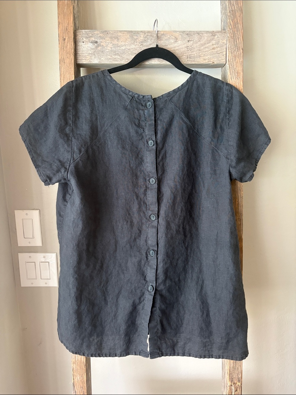 Flax Black 100% Linen Short Sleeve Top Size Medium - Picture 3 of 4